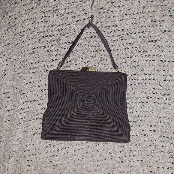 GOLD SEAL-Vintage 50s Corded Chocolate Brown Bag-Attached Coin Purse-Near Mint - Picture 9 of 11